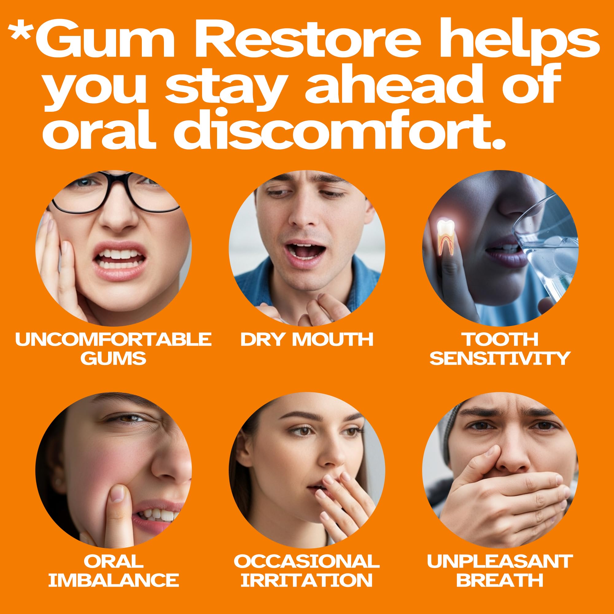 Packaging highlights plant-based VitaLumina Gum Restore Drops care and fresh breath benefits in a compact bottle.