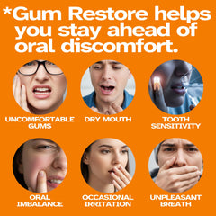 Packaging highlights plant-based VitaLumina Gum Restore Drops care and fresh breath benefits in a compact bottle.
