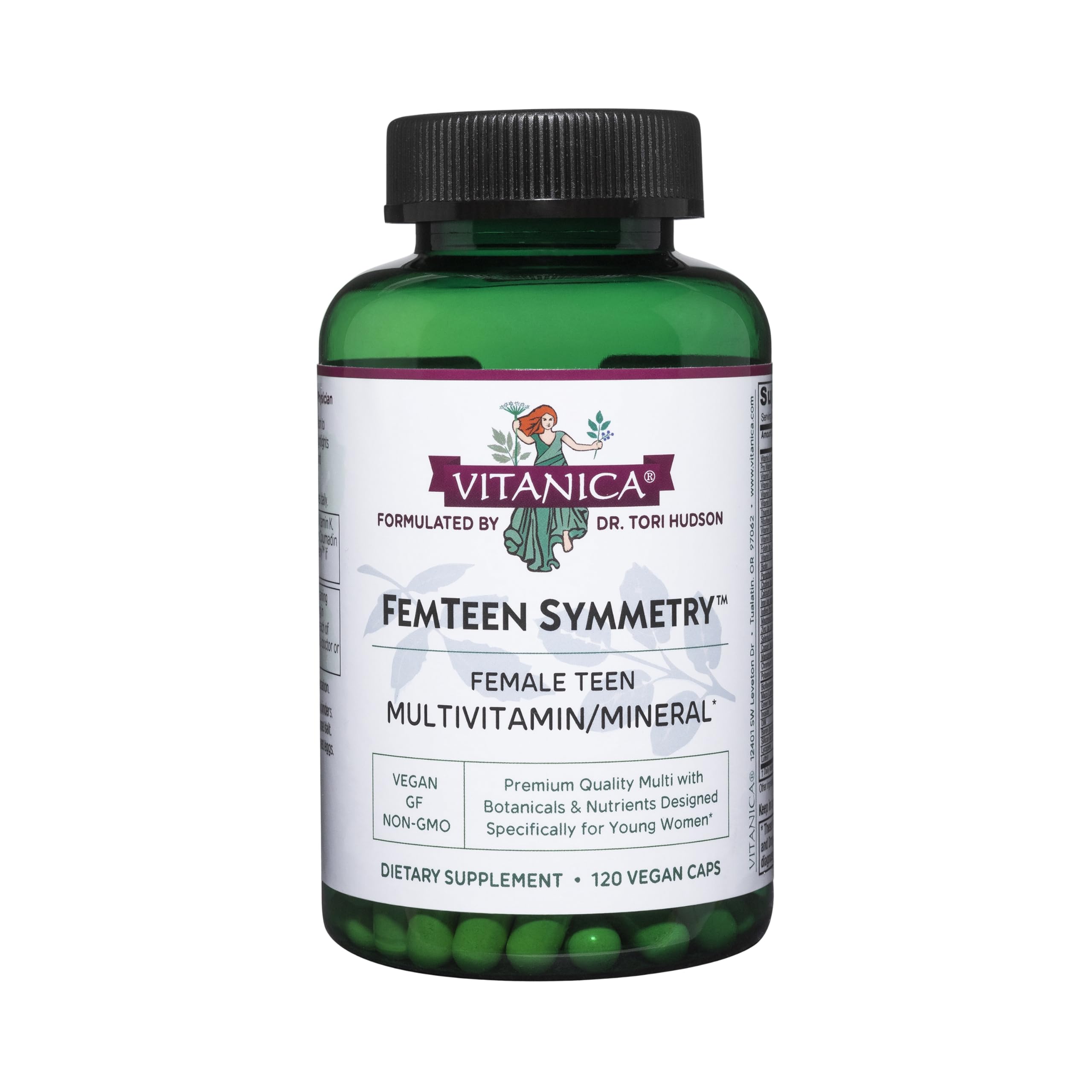 Vitanica FemTeen Symmetry bottle on desk, supports teen daily vitamin routine.