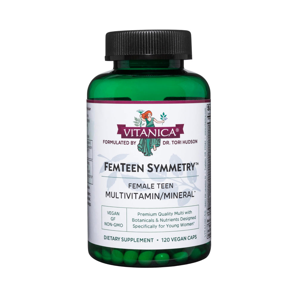 Vitanica FemTeen Symmetry bottle on desk, supports teen daily vitamin routine.
