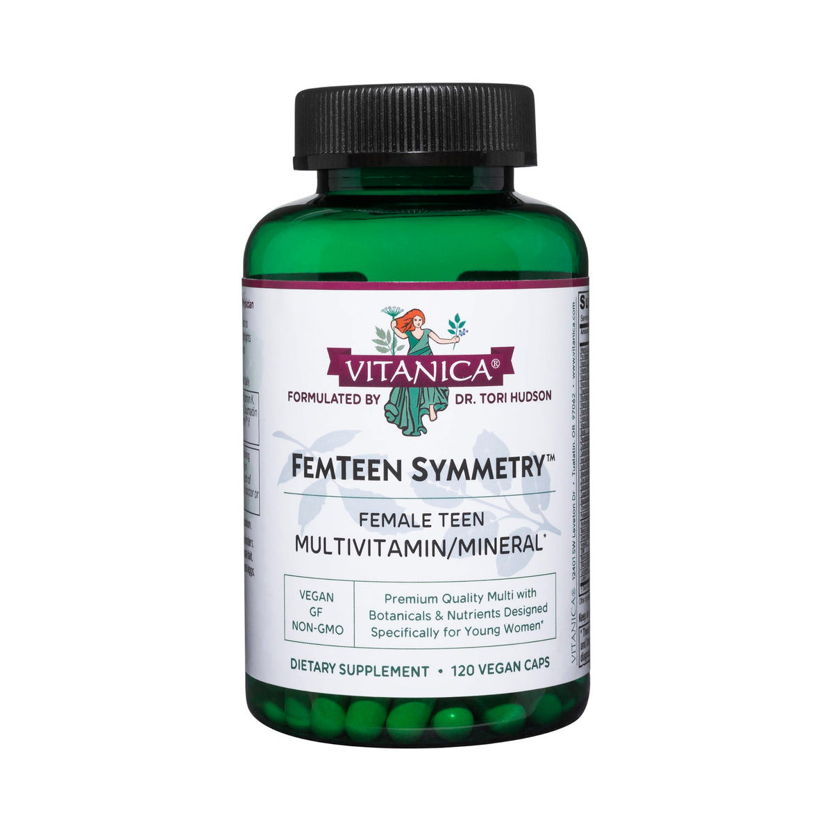 Vitanica FemTeen Symmetry bottle on desk, supports teen daily vitamin routine.