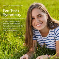 Vitanica FemTeen Symmetry label highlights vegan certification and allergen-free profile.