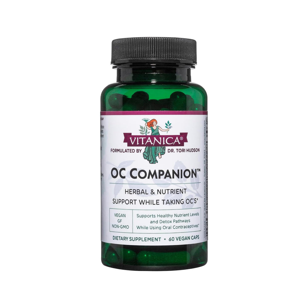Vitanica OC Companion bottle front view, vegan and non-GMO formula for hormonal support.