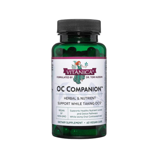 Vitanica OC Companion bottle front view, vegan and non-GMO formula for hormonal support.