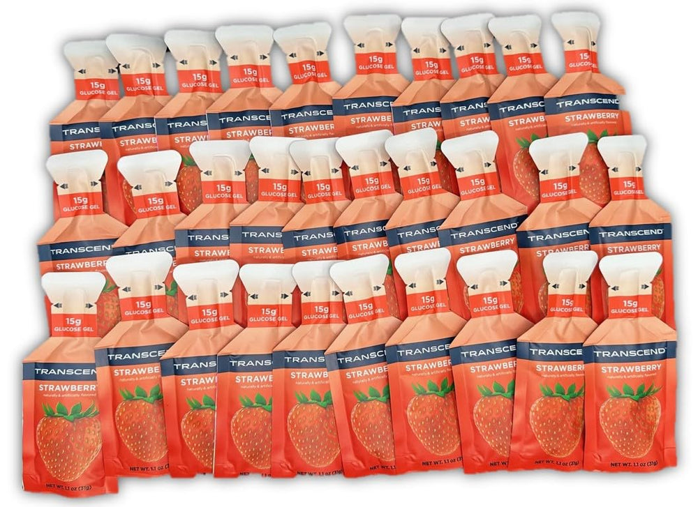 Vitonus Transcend strawberry gels in brand bag for on-the-go fueling.