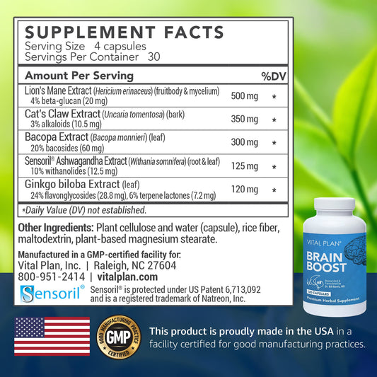 Vital Plan Brain Boost capsules closeup highlighting easy-to-swallow form and premium ingredients