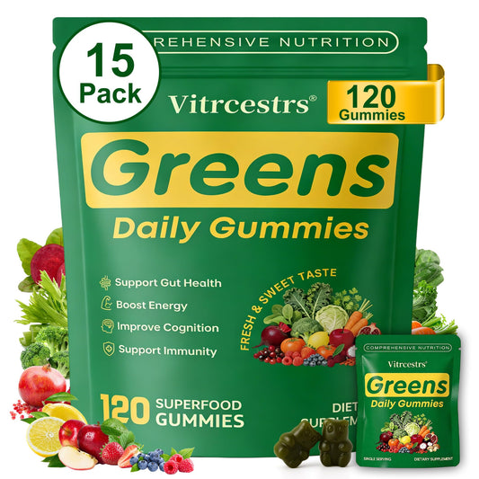 Vitrcestrs Greens Daily Gummies bottle front for daily energy and gut support.