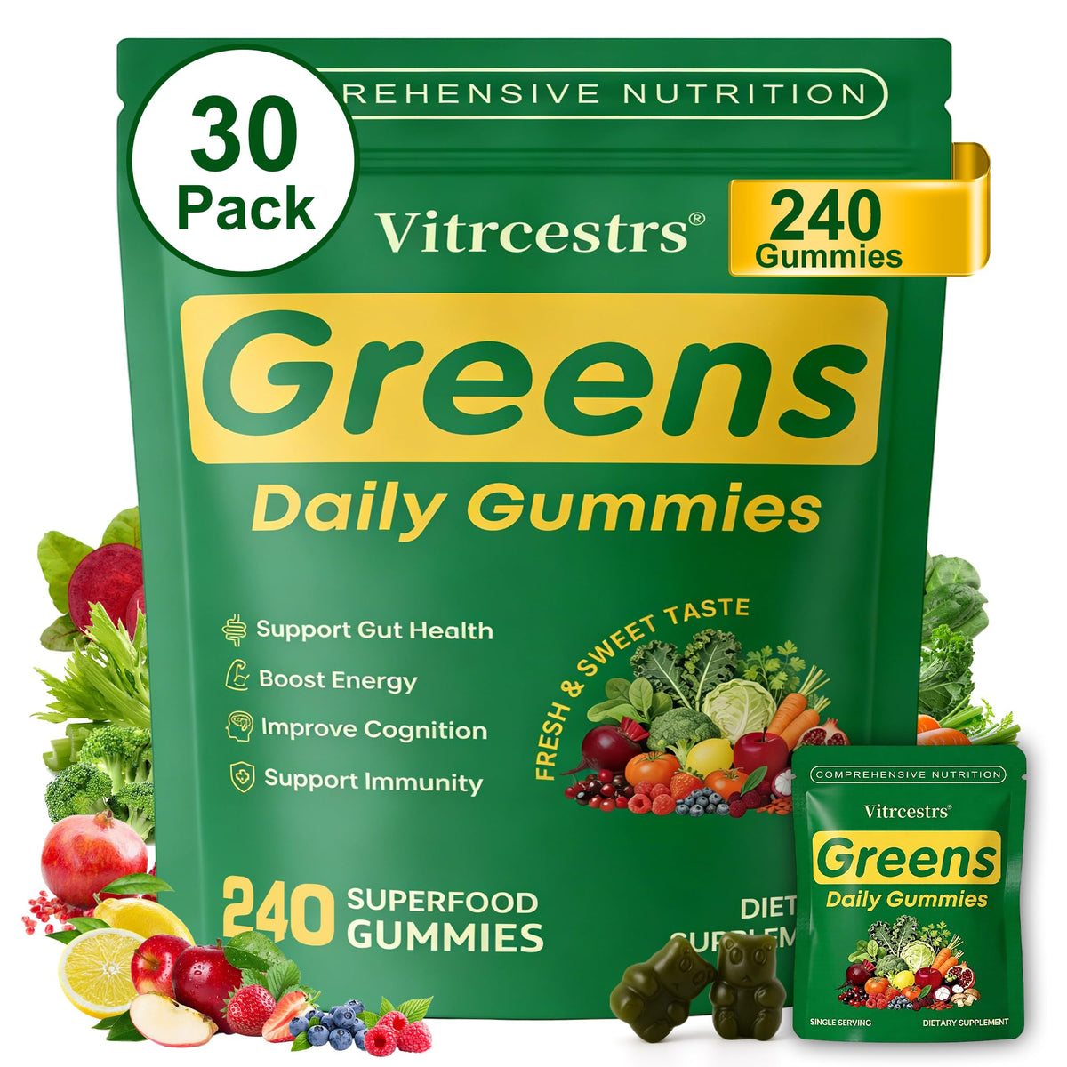 Vitrcestrs Greens Daily Gummies bottle supports daily energy and gut wellness.