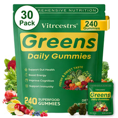 Vitrcestrs Greens Daily Gummies bottle supports daily energy and gut wellness.