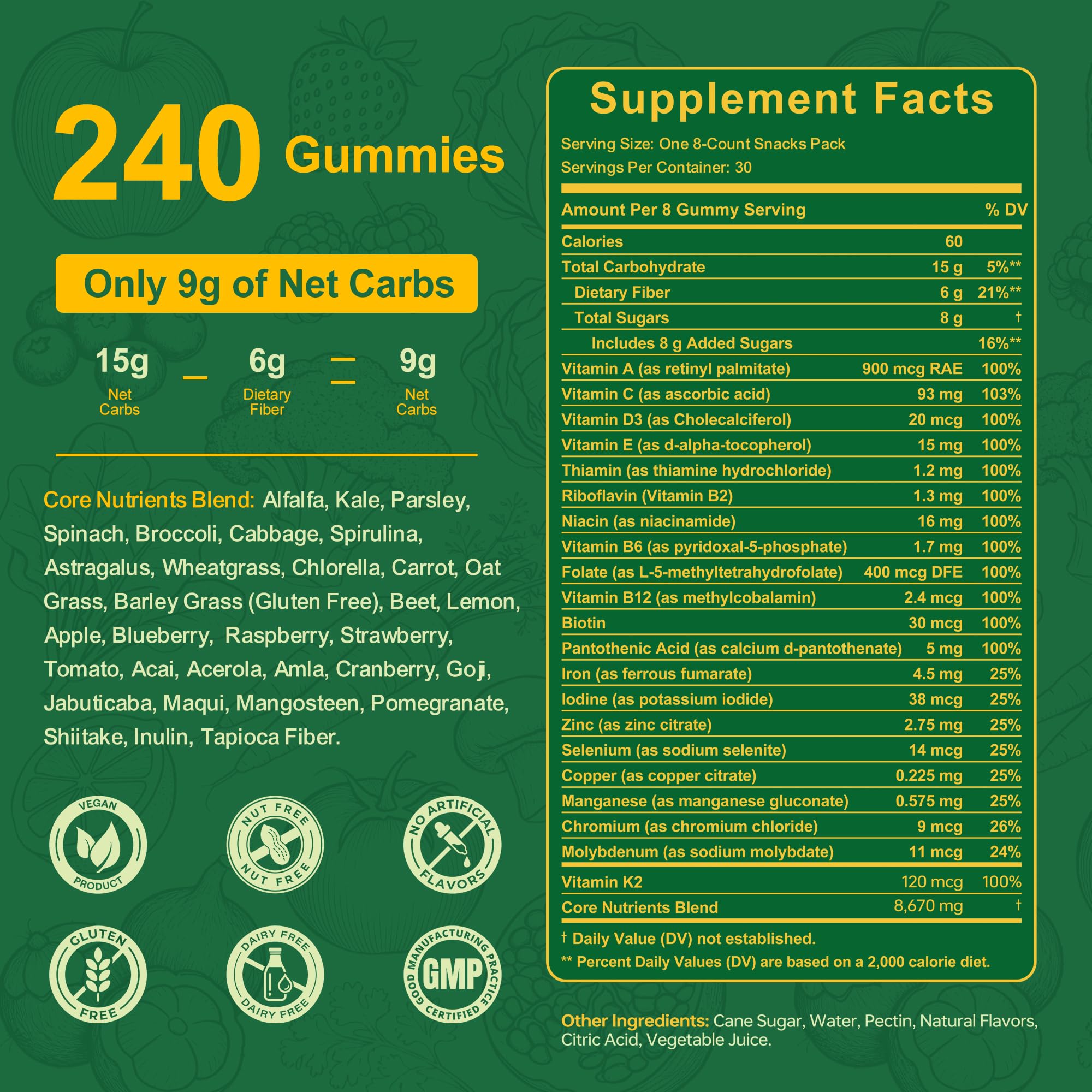 Vitrcestrs Greens Daily Gummies eight-per-day serving for easy routine.