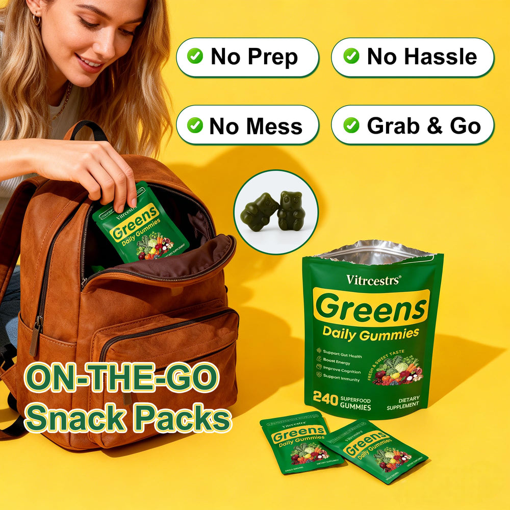 Vitrcestrs Greens Daily Gummies produced in GMP-certified facility for quality.