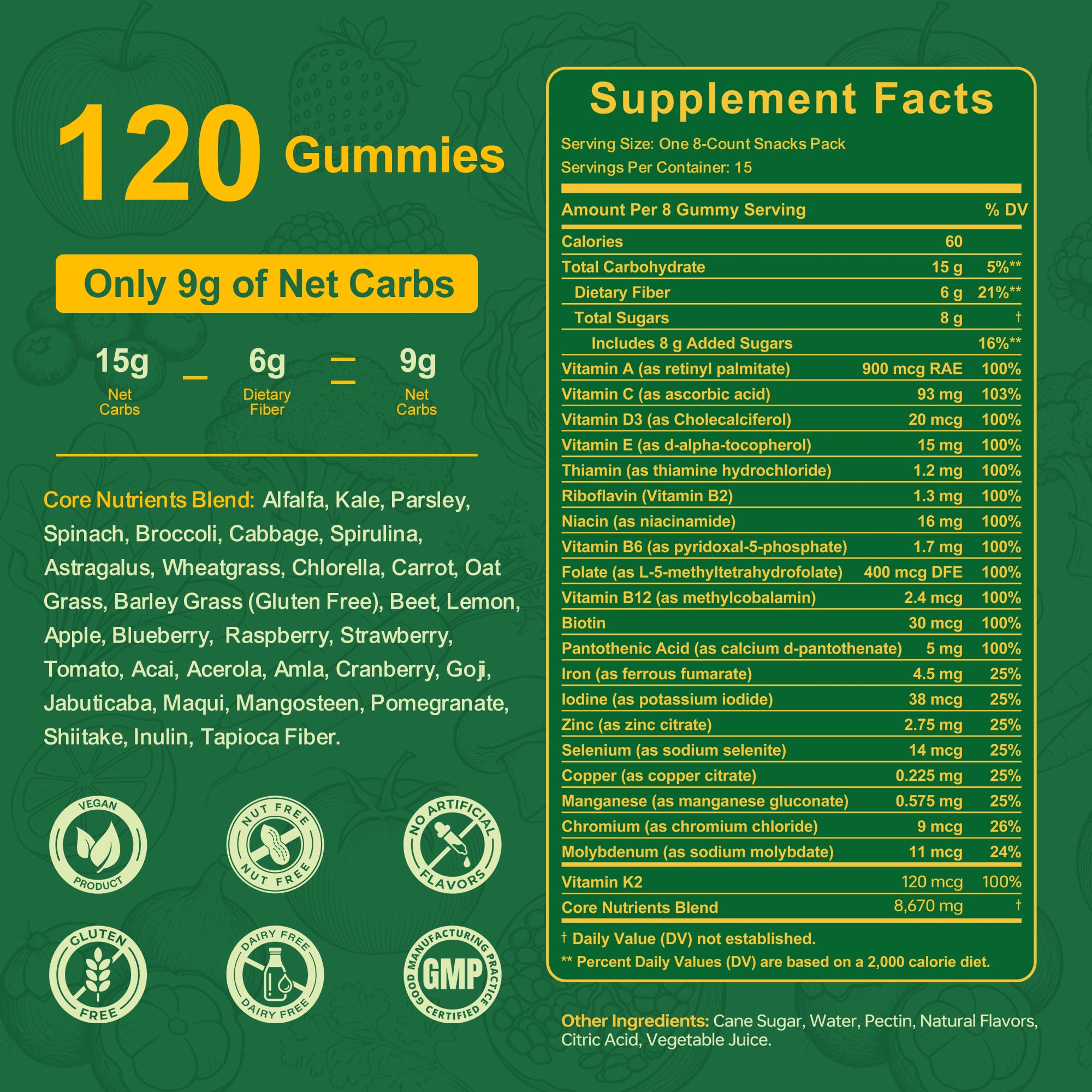 Natural ingredients label signals whole-food nutrition in Vitrcestrs Greens Daily Gummies.