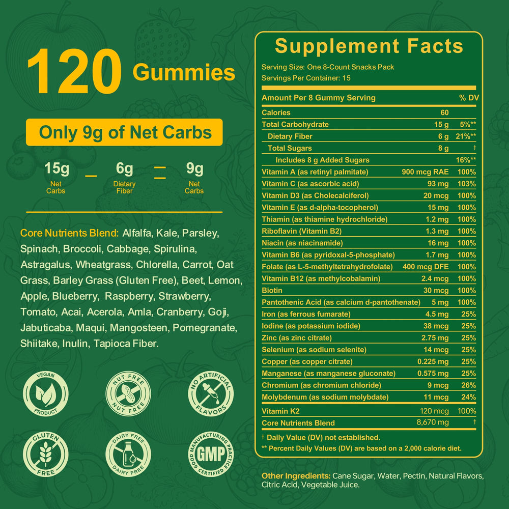 Natural ingredients label signals whole-food nutrition in Vitrcestrs Greens Daily Gummies.