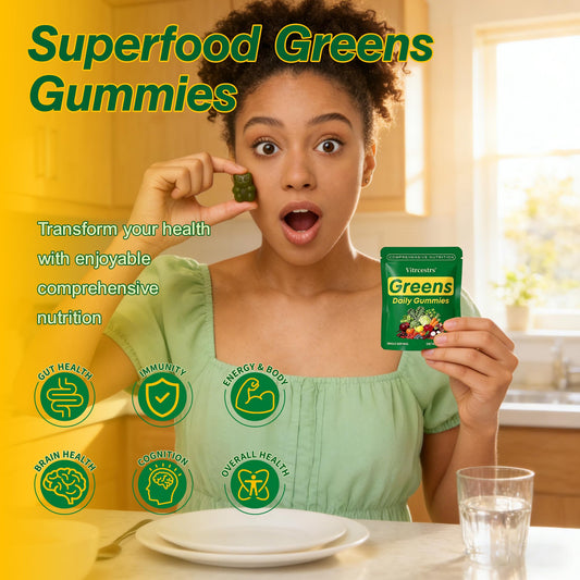 Vitrcestrs Greens Daily Gummies on-the-go packaging for convenient wellness.