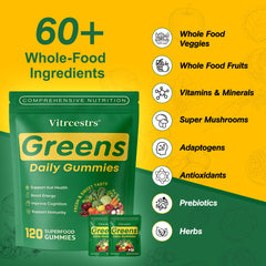 Packaging side of Vitrcestrs Greens Daily Gummies shows 120-count supply.