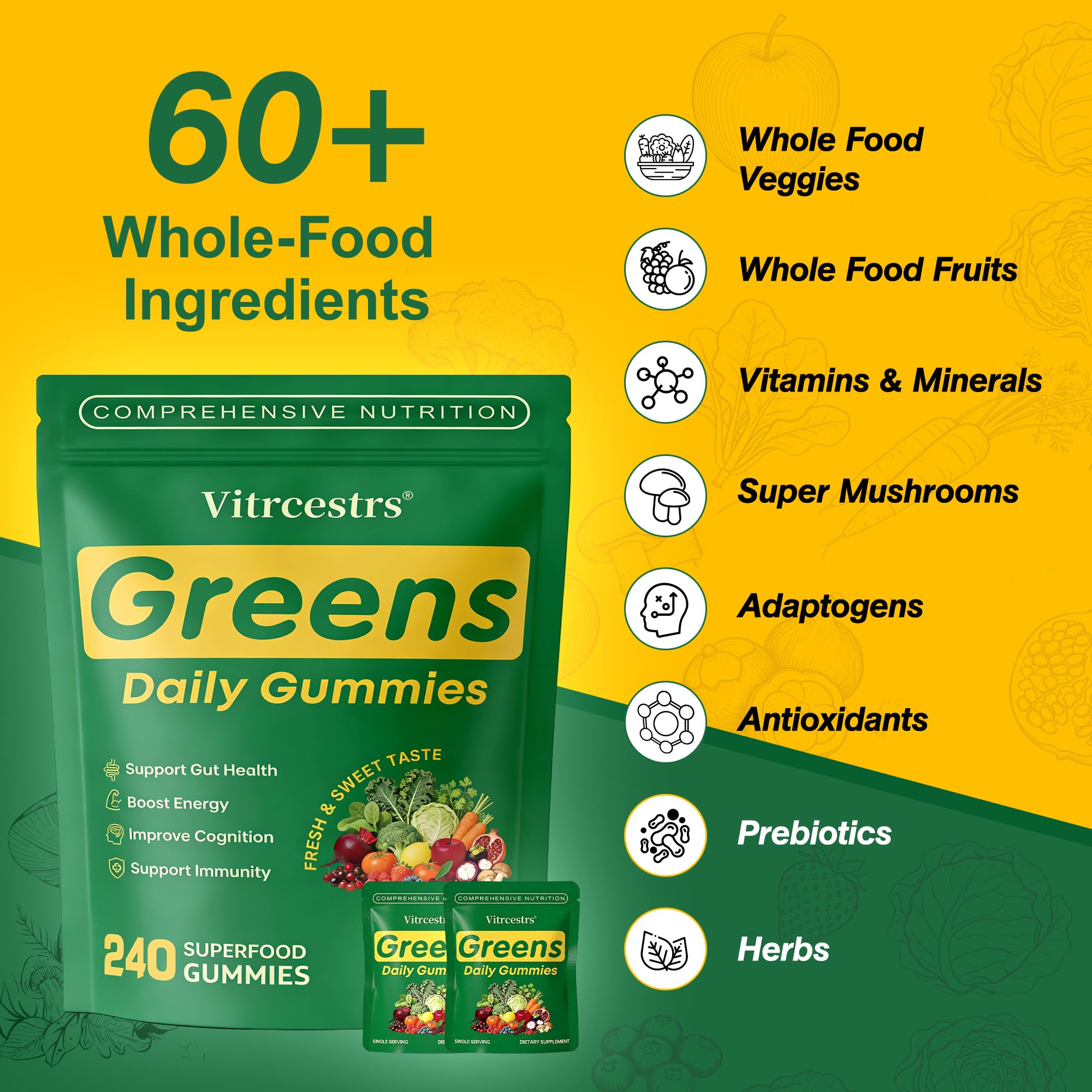 Vitrcestrs Greens Daily Gummies close-up shows spirulina and chlorella benefits.