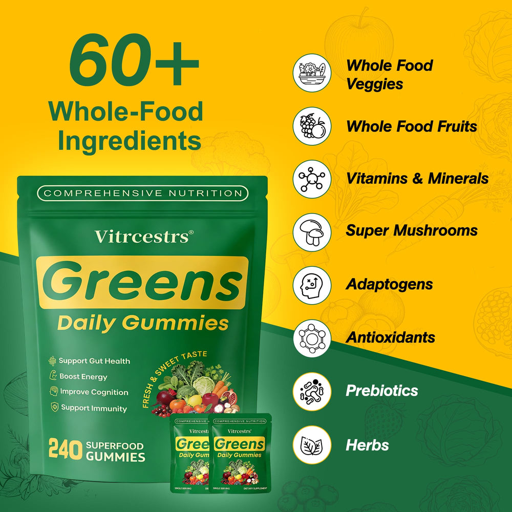 Vitrcestrs Greens Daily Gummies close-up shows spirulina and chlorella benefits.