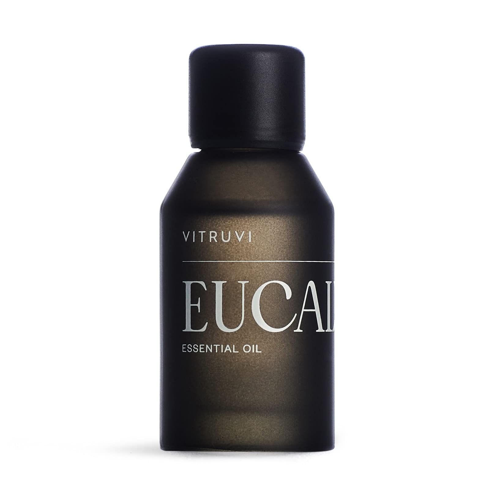 Vitruvi Eucalyptus essential oil bottle—front view, ready for diffuse aroma.
