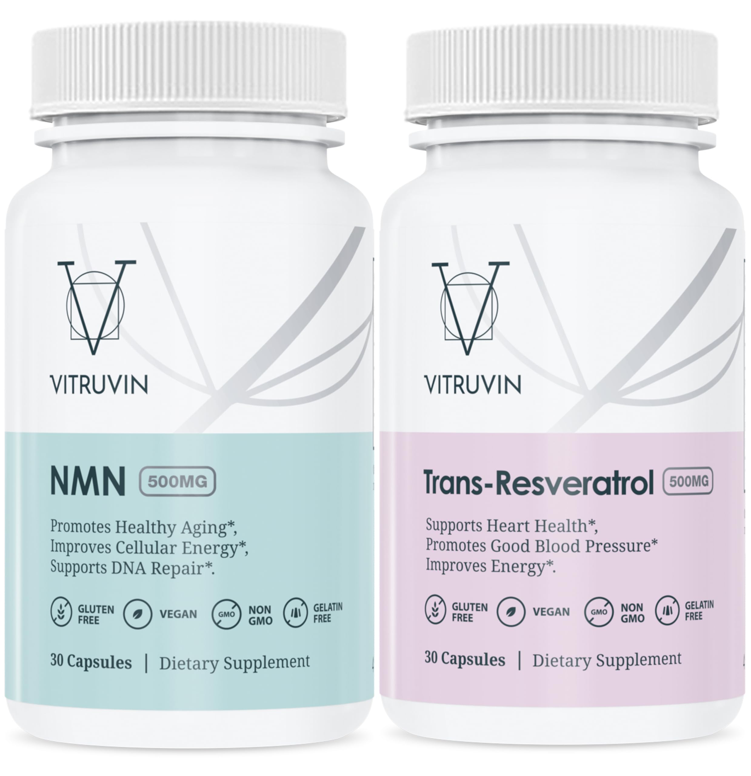 VITRUVIN Longevity bottle front view showing vegan NMN and trans-resveratrol formulation for daily wellness.