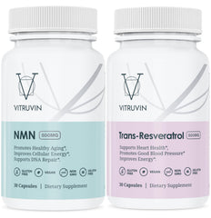 VITRUVIN Longevity bottle front view showing vegan NMN and trans-resveratrol formulation for daily wellness.