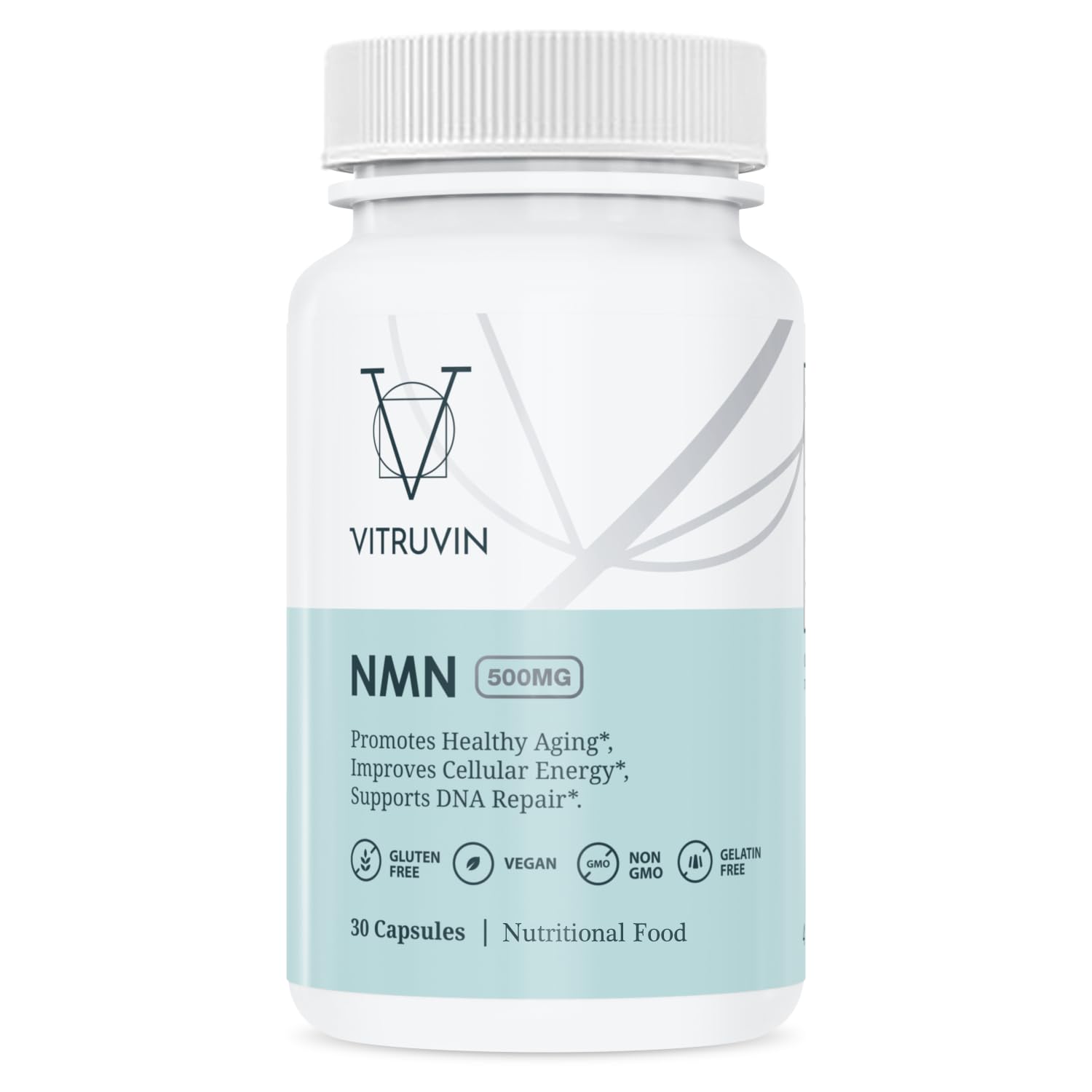 VITRUVIN NMN 500mg bottle front shows vegan-friendly branding for a clean supplement.