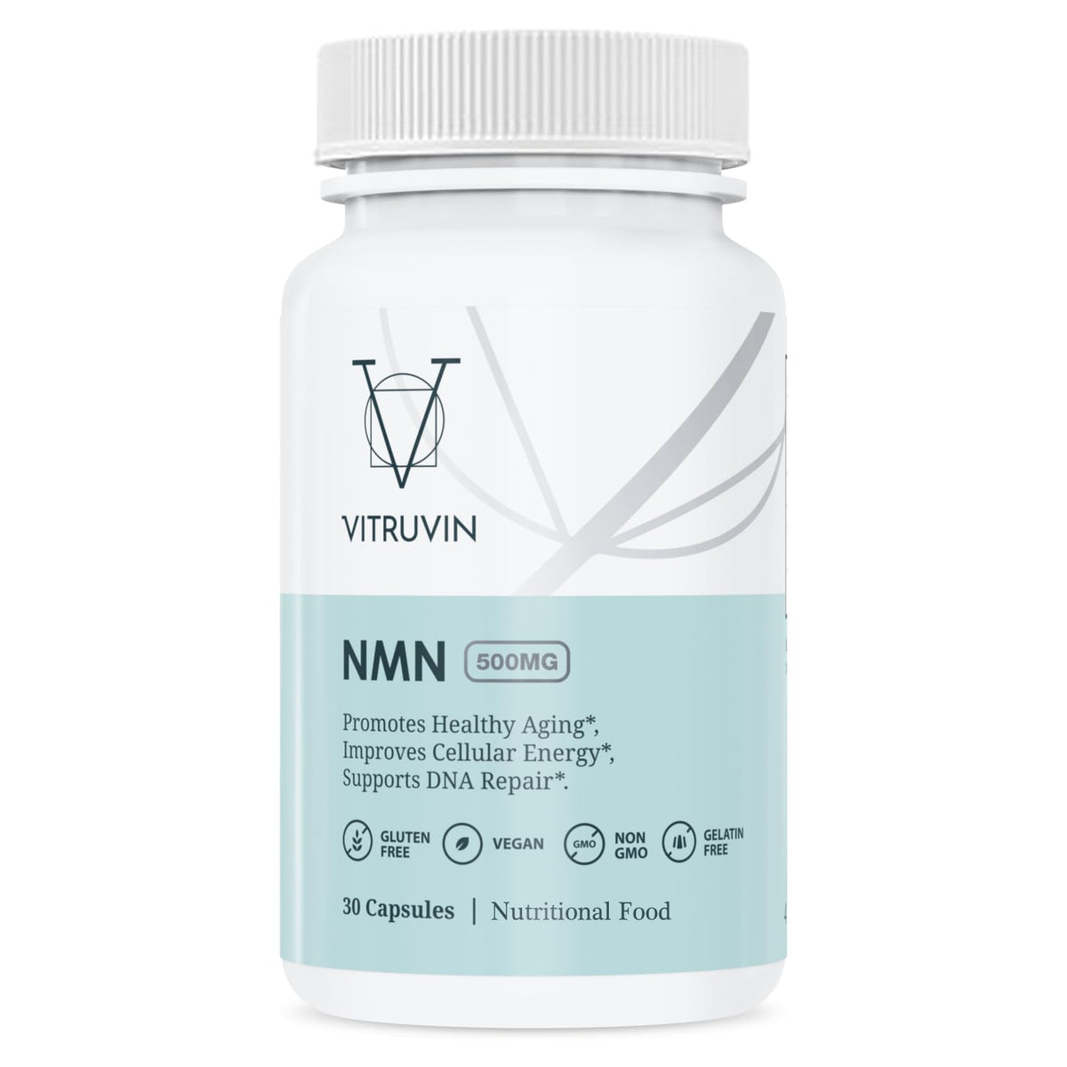 VITRUVIN NMN 500mg bottle front shows vegan-friendly branding for a clean supplement.