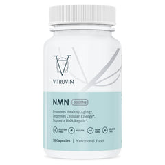 VITRUVIN NMN 500mg bottle front shows vegan-friendly branding for a clean supplement.