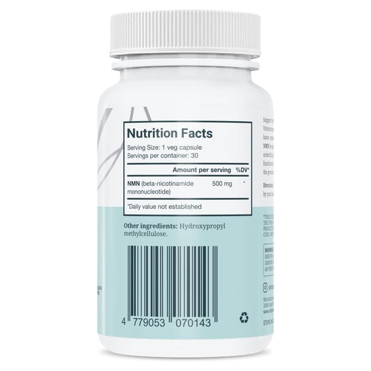 VITRUVIN NMN 500mg capsule close-up highlights easy-to-swallow capsules for daily use.