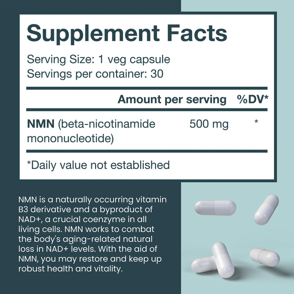 VITRUVIN NMN 500mg capsule-count image underscores convenient 30-day supply.