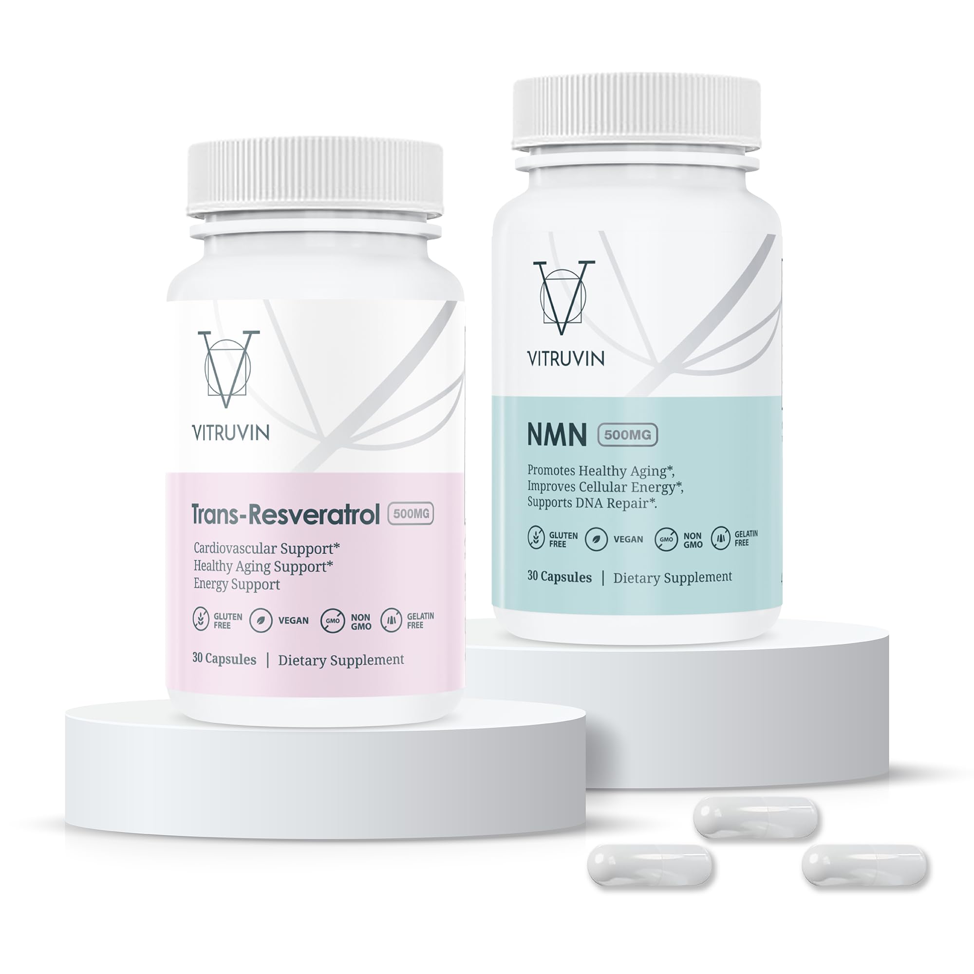 VITRUVIN NMN 500mg capsules showcased for easy daily dosing.