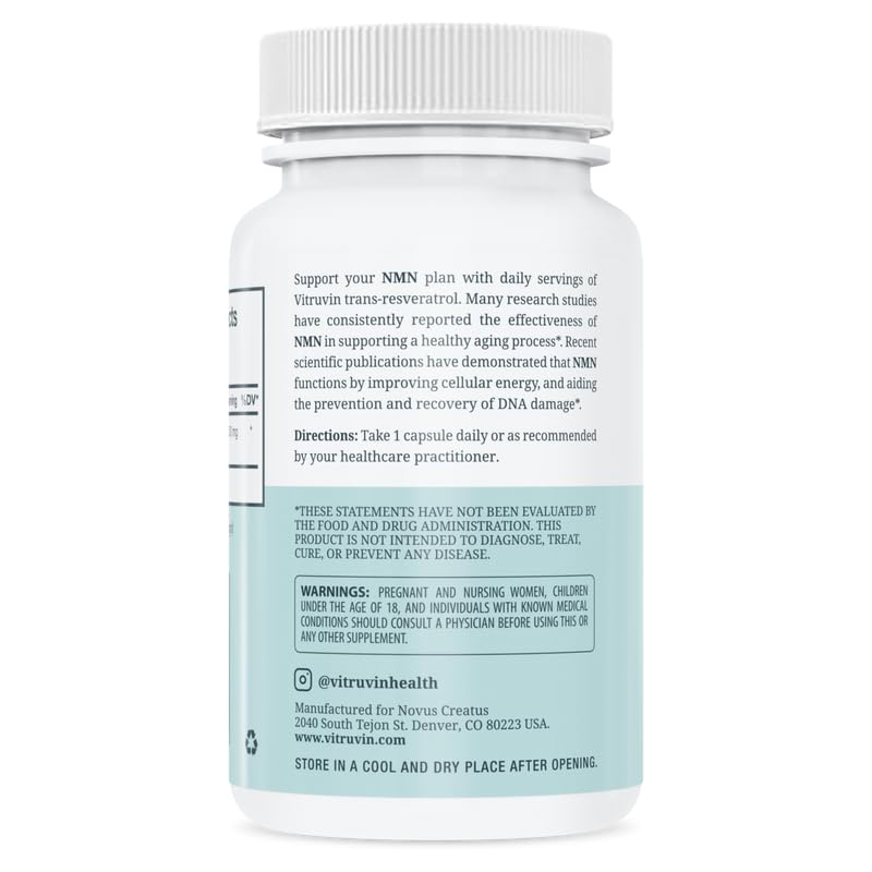 VITRUVIN NMN 500mg label detail emphasizes non-GMO and gluten-free features.