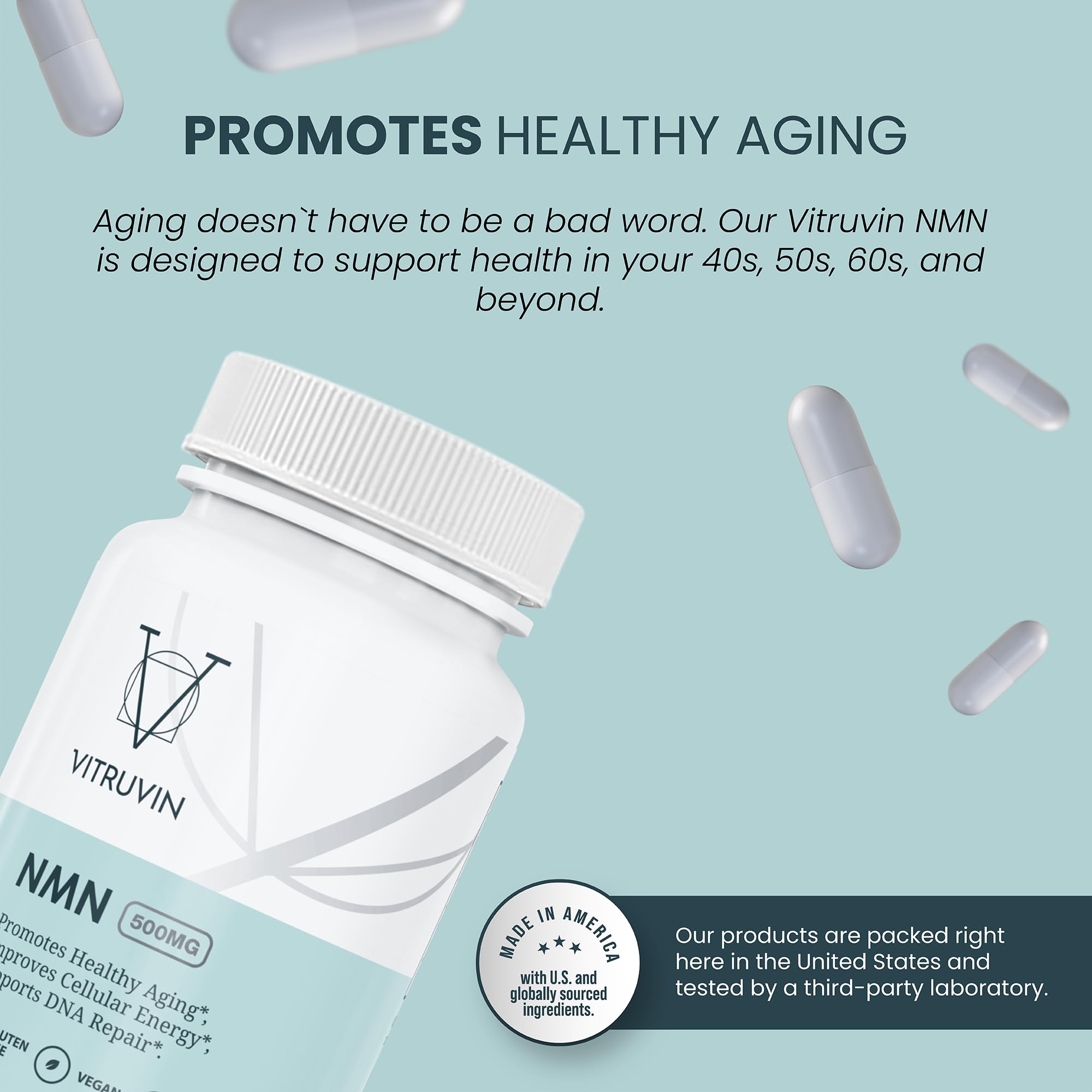 VITRUVIN NMN 500mg nutrition facts panel communicates ingredient scope and serving size.