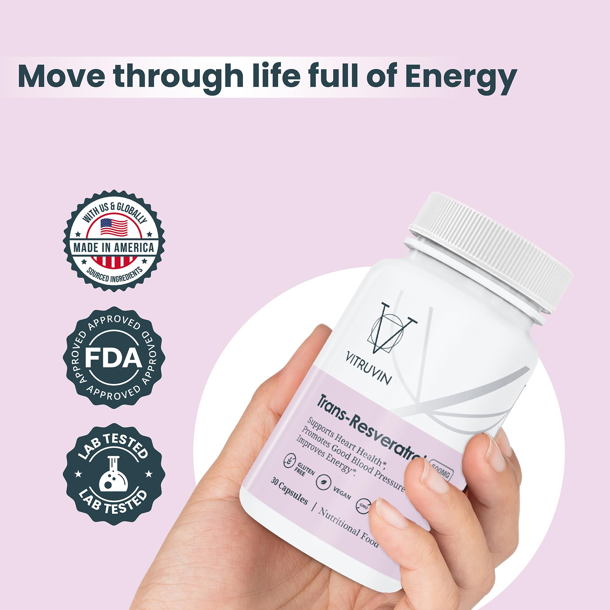 VITRUVIN Trans-Resveratrol bottle on kitchen counter for daily routine