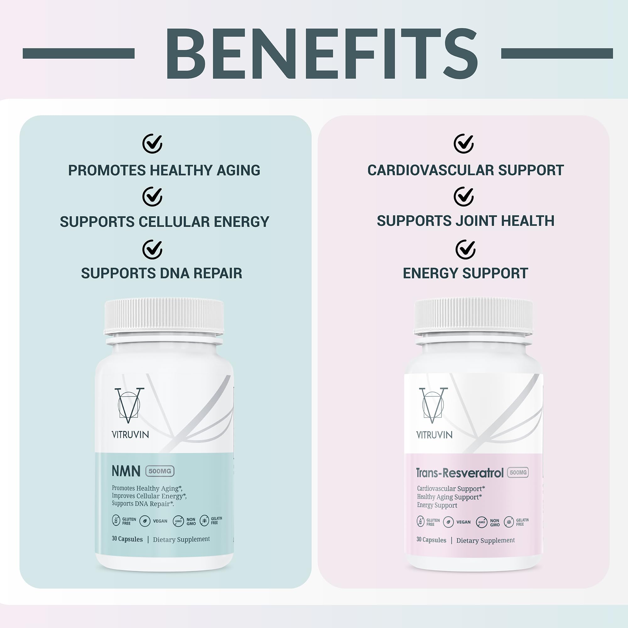 VITRUVIN vegan and non-GMO, gluten-free symbols emphasize clean ingredients.
