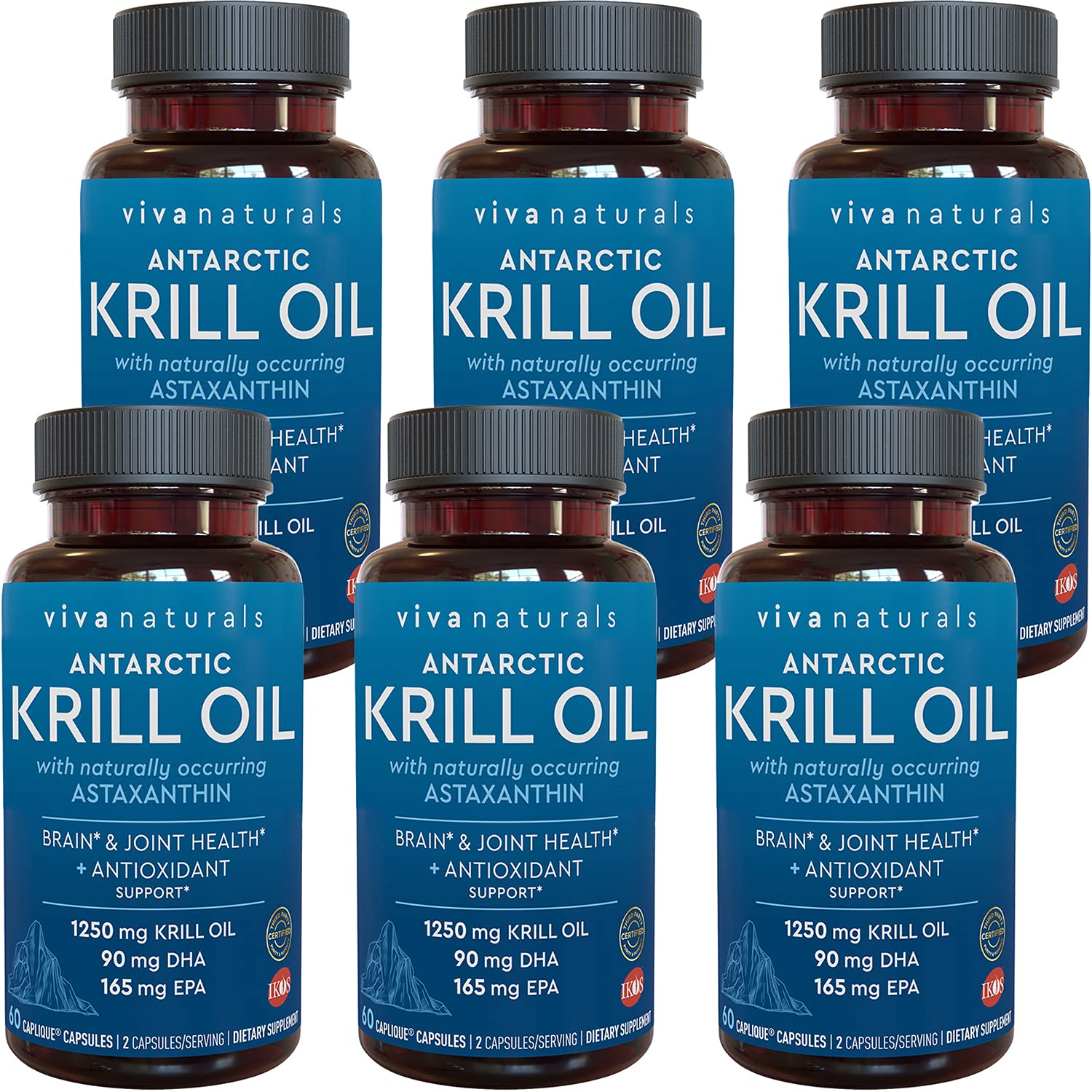 Viva Naturals Antarctic Krill Oil bottle displaying omega-3 profile for joint and brain support