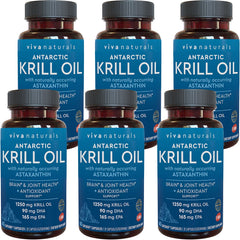 Viva Naturals Antarctic Krill Oil bottle displaying omega-3 profile for joint and brain support