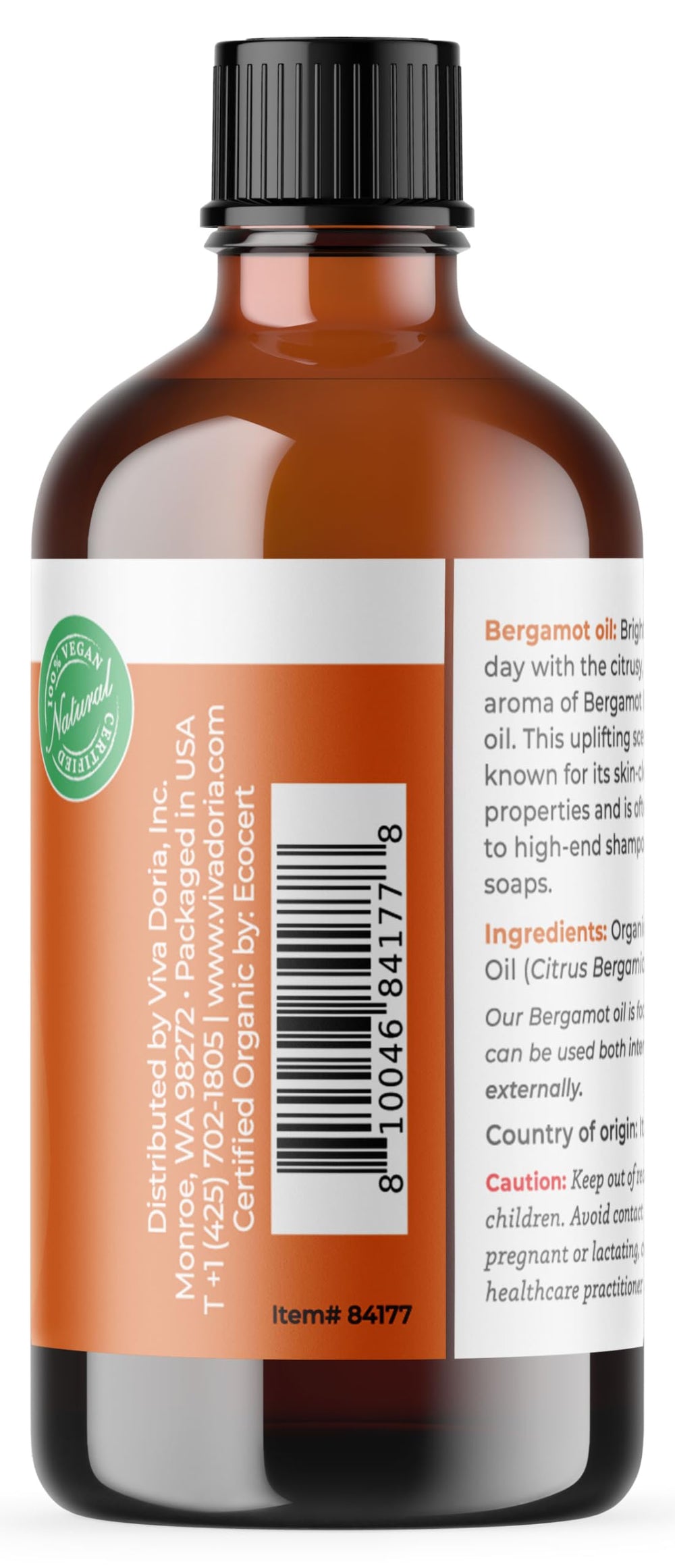 Viva Doria Bergamot oil label highlights USDA Organic status.