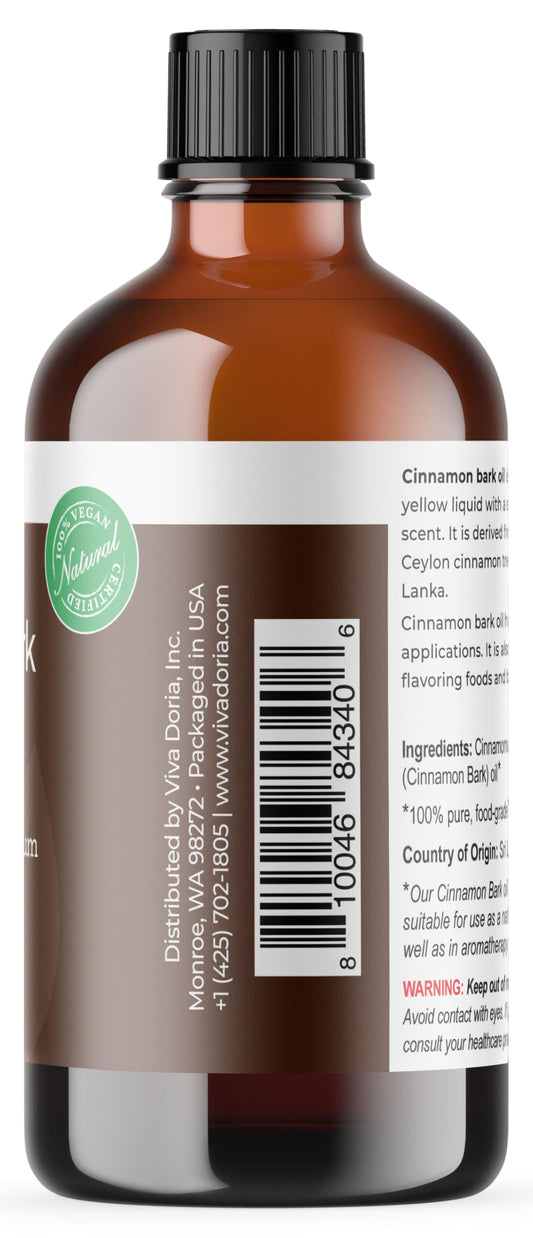 Viva Doria Cinnamon Bark Oil drops ready for diffuser use and culinary infusions.