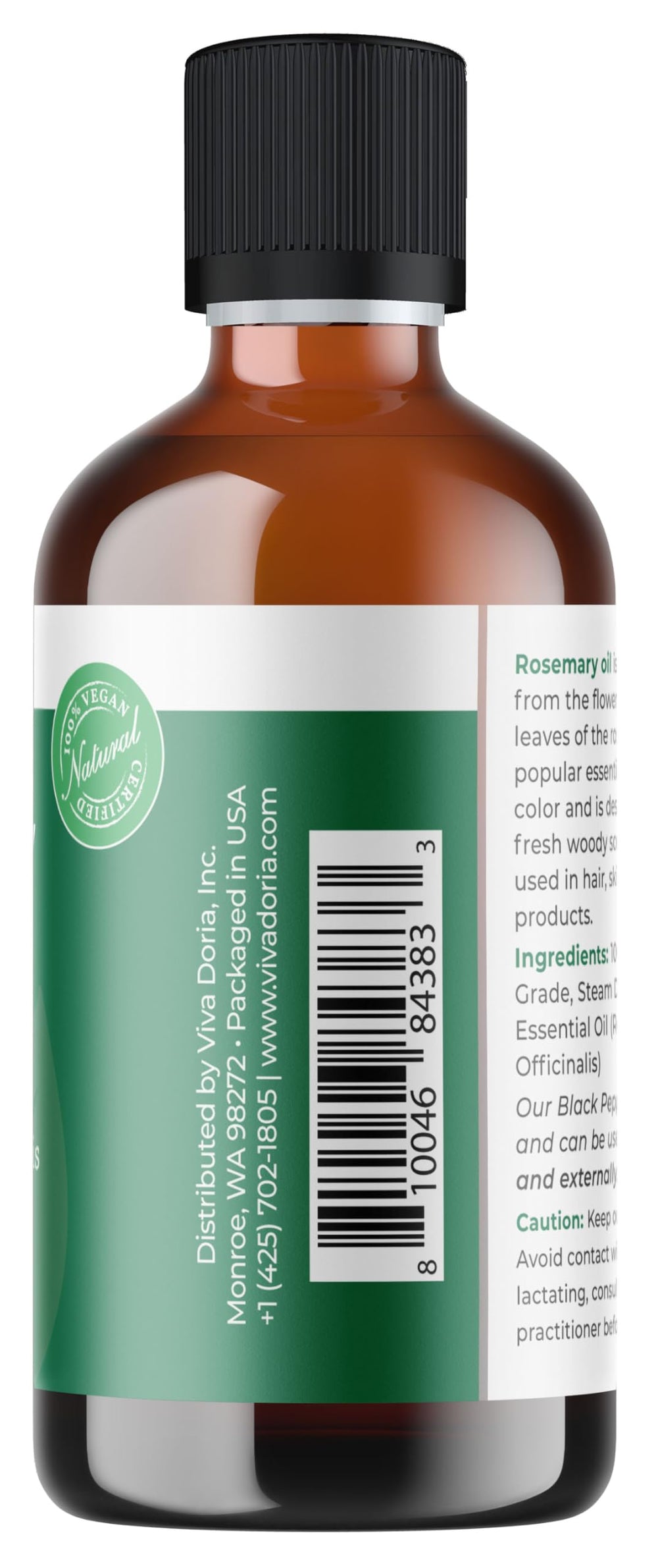 Viva Doria rosemary oil amber glass bottle preserving purity and aroma.