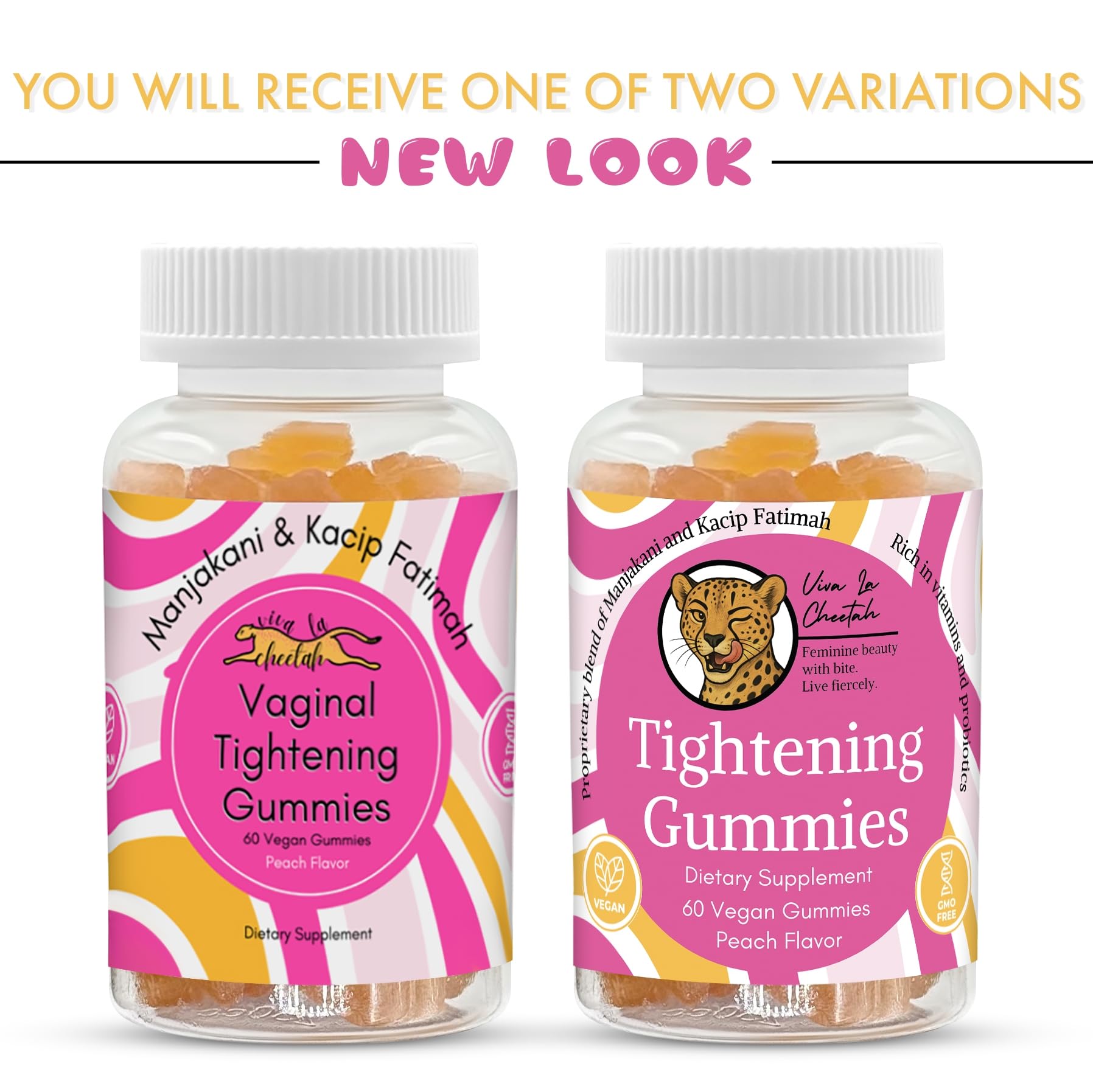 Viva La Cheetah gummies bottle back outlines gluten-free, vegan formula and daily use.