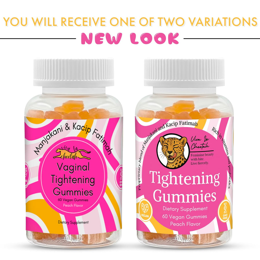 Viva La Cheetah gummies bottle back outlines gluten-free, vegan formula and daily use.