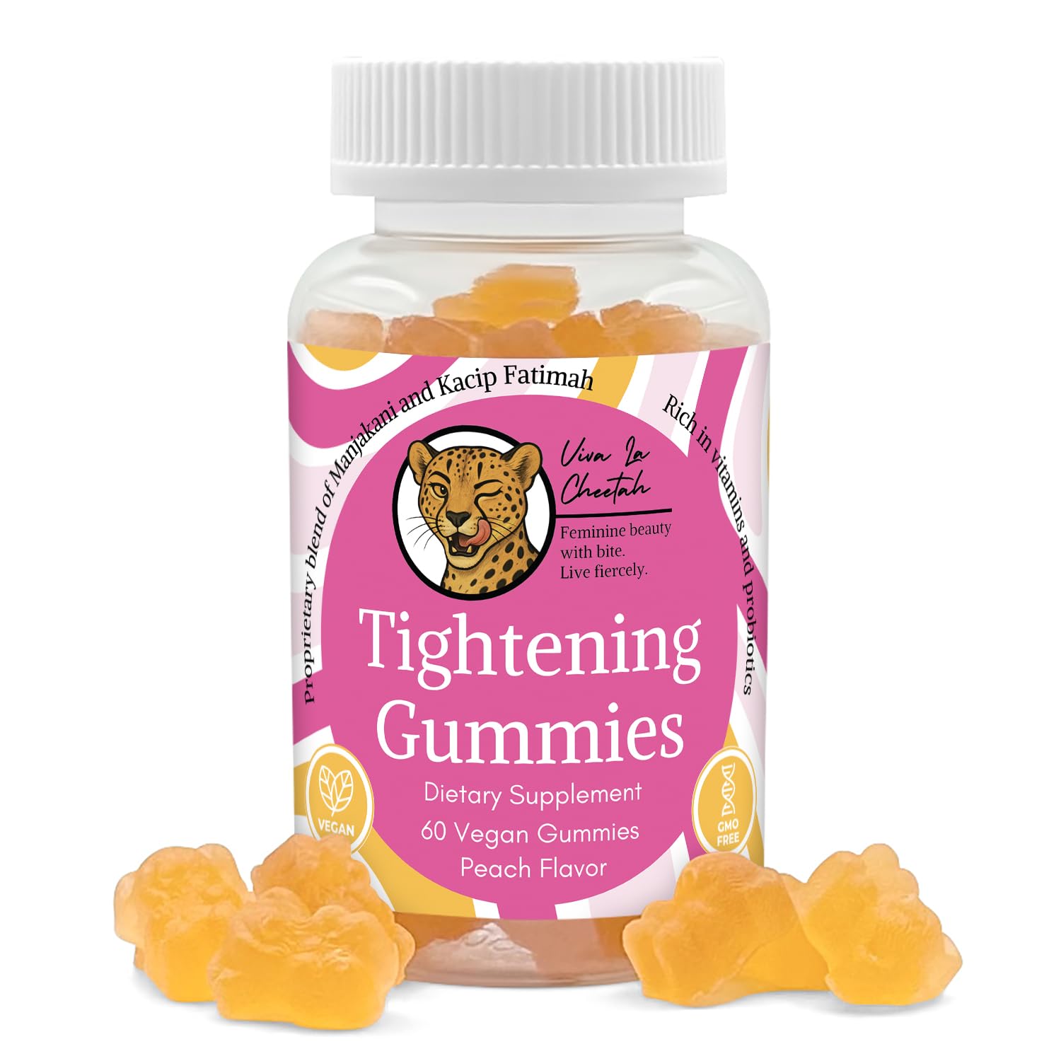 Viva La Cheetah vaginal tightening gummies bottle front shows peach flavor and vegan formula.