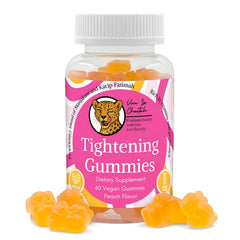 Viva La Cheetah vaginal tightening gummies bottle front shows peach flavor and vegan formula.