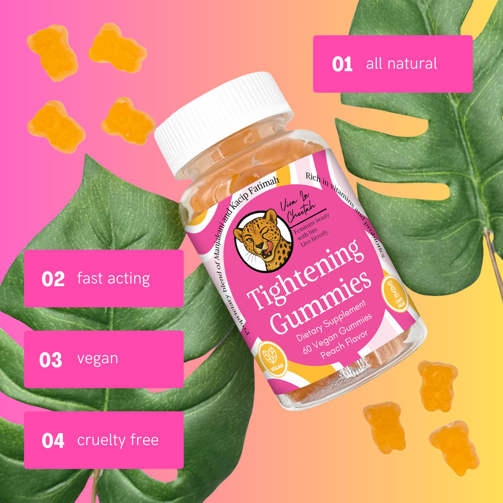 Viva La Cheetah gummies closeup emphasizes peach flavor and chewy texture.