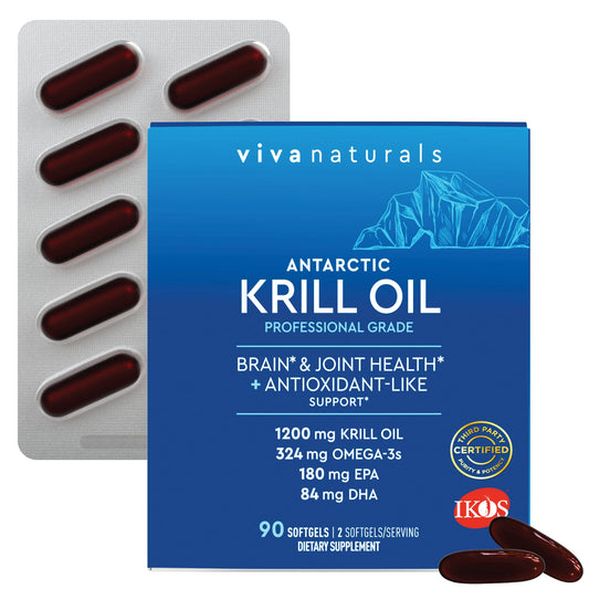 Viva Naturals Antarctic Krill Oil bottle front view highlighting the product name