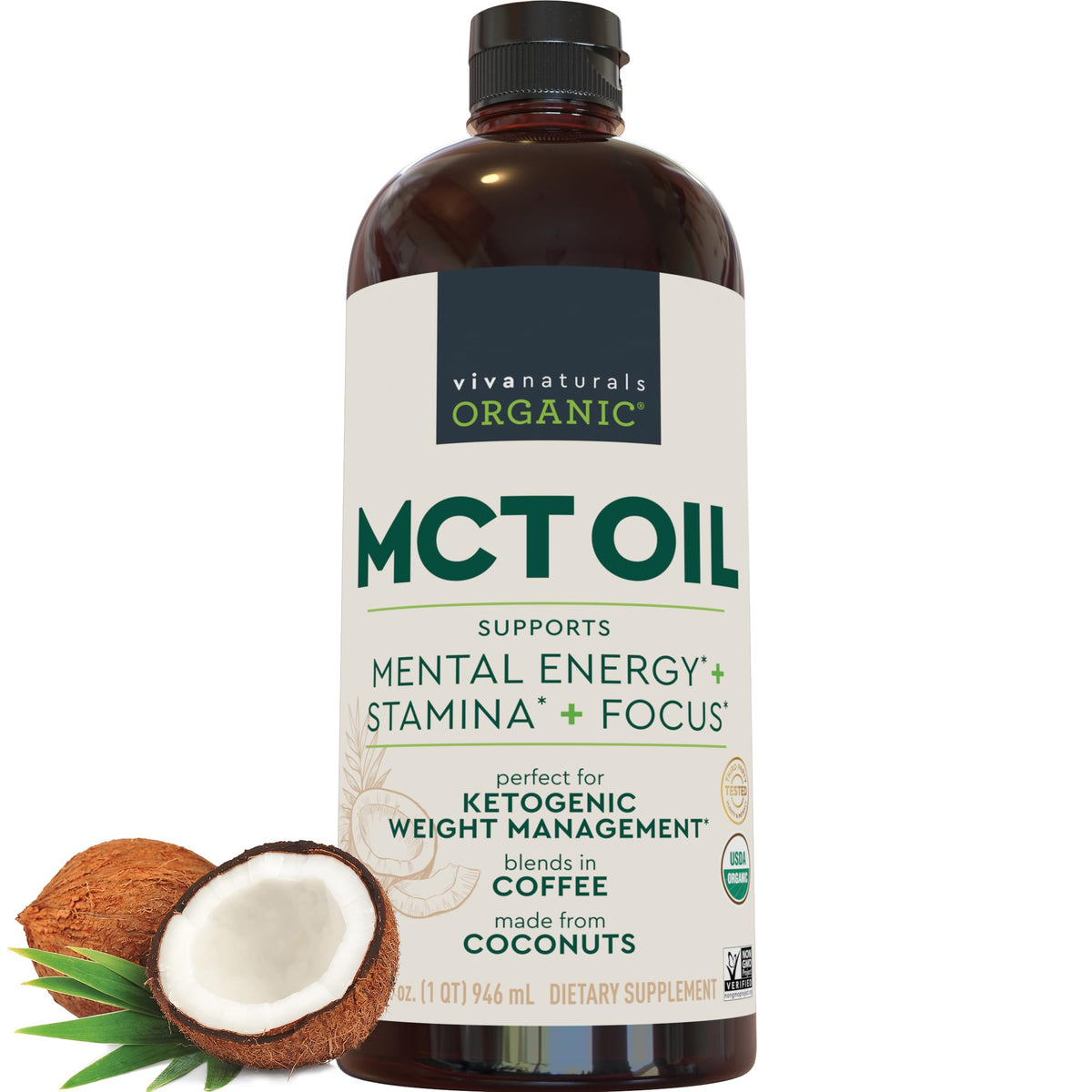 Viva Naturals MCT Oil bottle on wood, ready for energy-boosting use