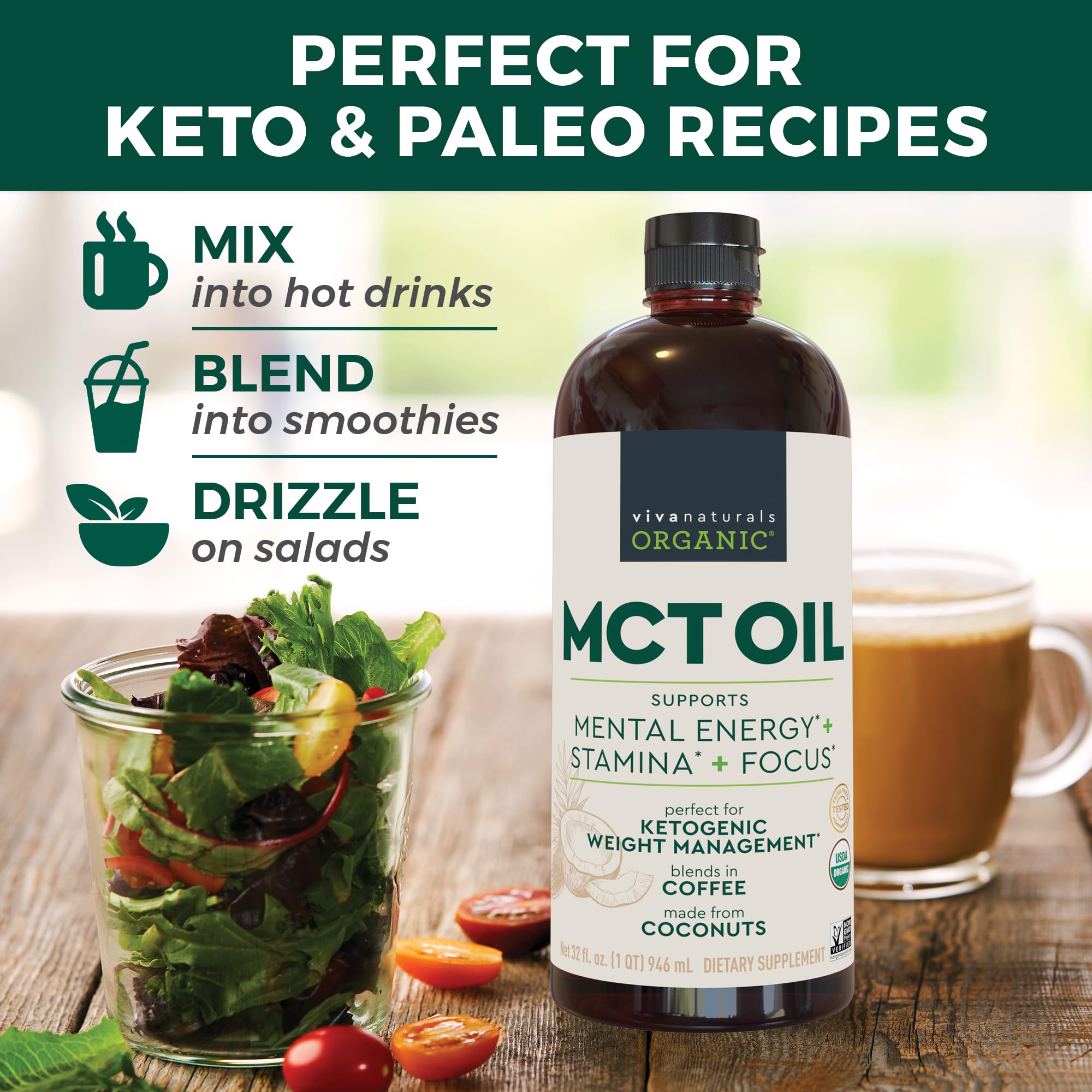 Viva Naturals MCT Oil bottle with keto-friendly lifestyle imagery