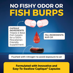 Viva Naturals capsule close-up highlighting no fishy aftertaste through Caplique technology.