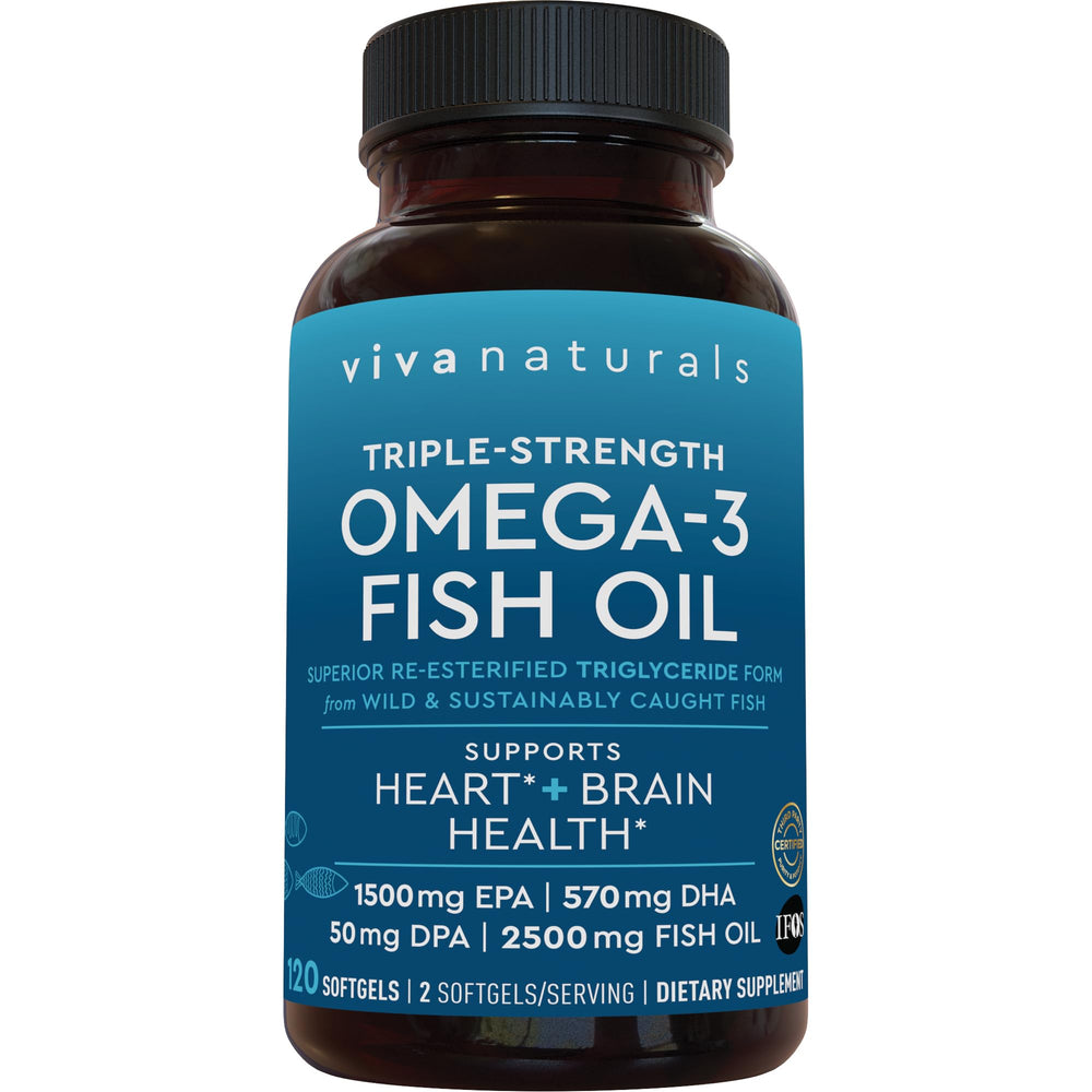Viva Naturals Omega-3 bottle front shows triple-strength softgels for daily heart and brain support