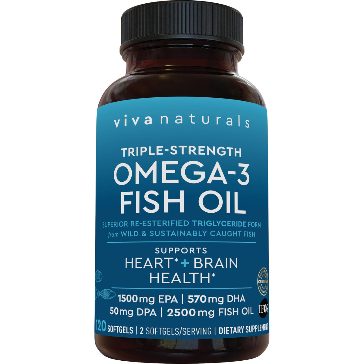 Viva Naturals Omega-3 bottle front shows triple-strength softgels for daily heart and brain support